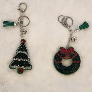 Festive Christmas Tree Wreath Green Keychain Set Bag Charms